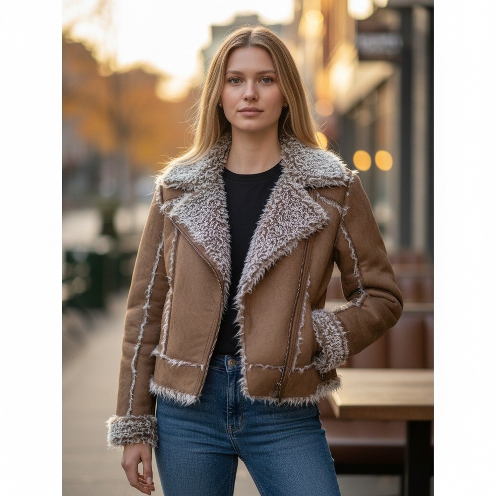 Vintage Y2K Azzure Women's Taupe Faux Suede Fur‎ Trim Moto Jacket Size S NEW